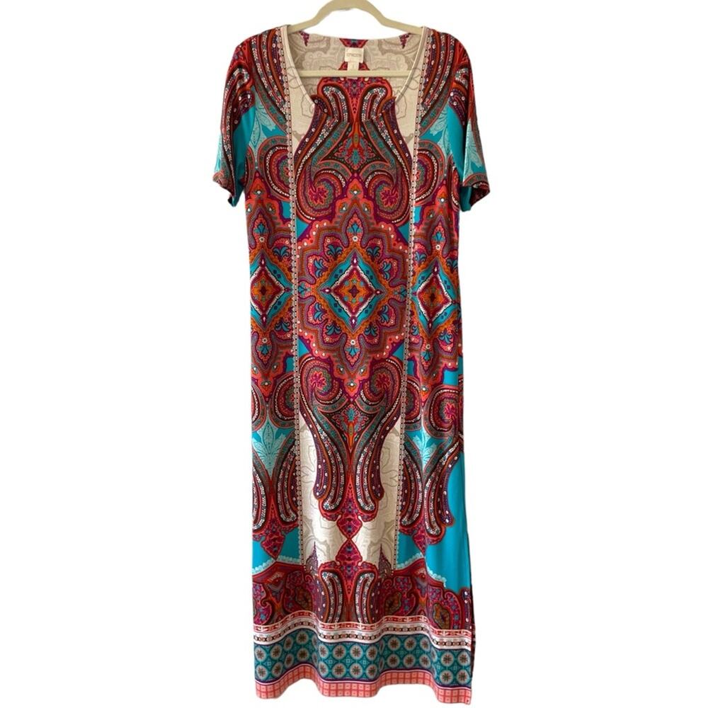 Chico’s Paisley Teal Purple Cream Shortsleeve Maxi Dress Size Medium